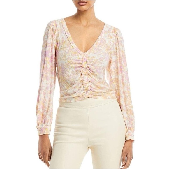 Free People NWT Boho Floral Ruched V-Neck Long Sleeve Top - Spring Colors - Picture 2 of 5